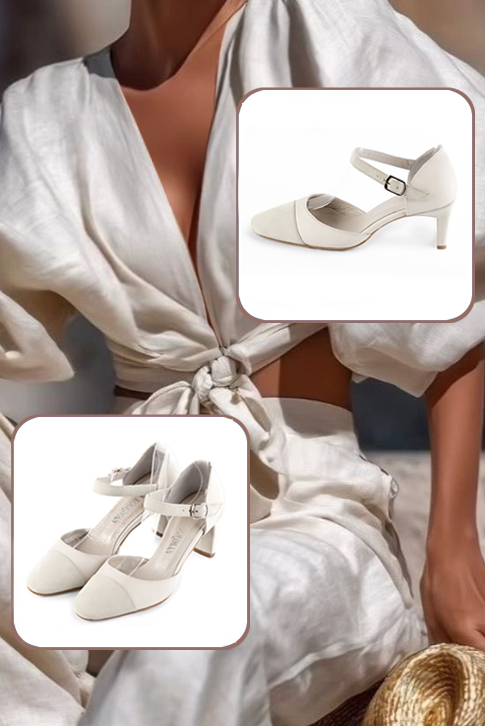 Women's off white open side dress shoes, with an instep strap. Round toe. Medium comma heels - Worn view